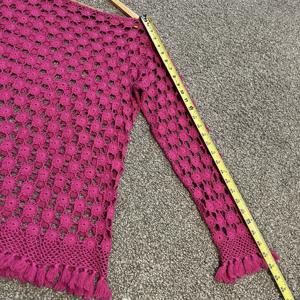 Open Knit Crochet Long Sleeve Sz L Tassel Fringe Boho Hippie Festival Layering - Picture 6 of 7